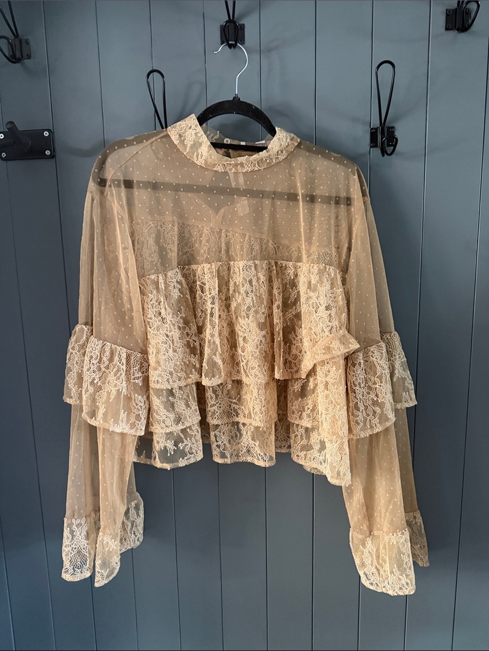 Loft Sheer Lace Ruffle Blouse - Cream